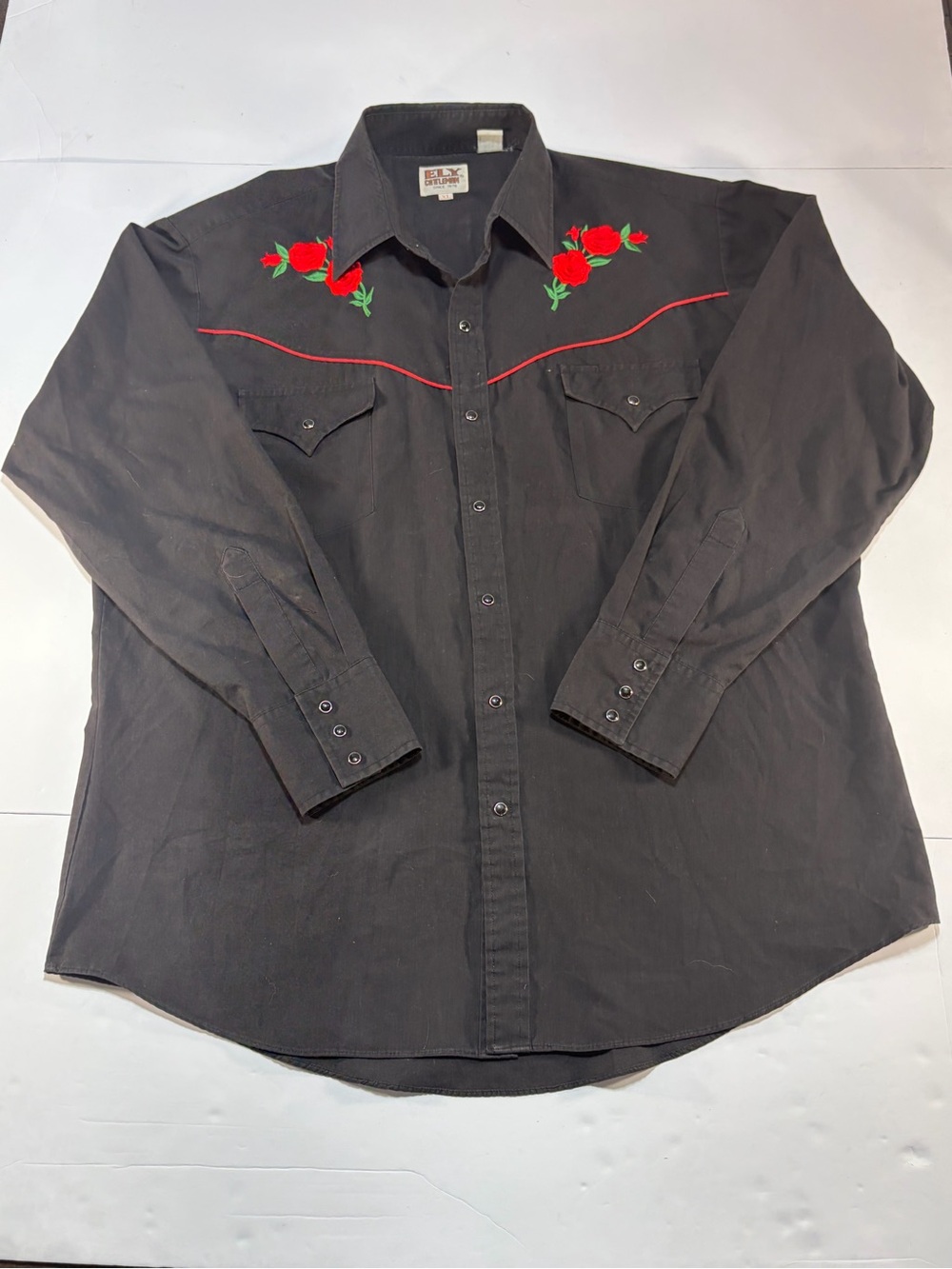 Ely Cattleman Black Pearl Snap Western Shirt Rose Embroidered XL
